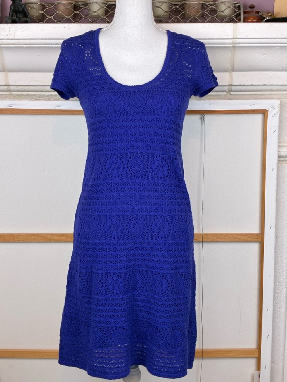 Lily Pulitzer Paulette Royal Blue Crochet Knit Dress lined w/lacy cap sleeves